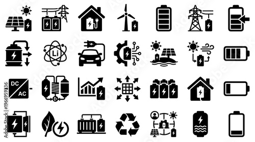 Collection of icons representing renewable energy sources, electric vehicles, batteries, and sustainable technology concepts for a greener future