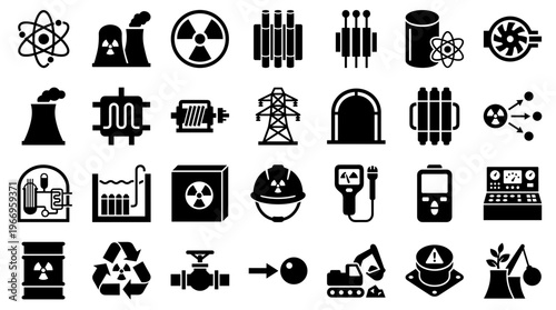 Collection of nuclear energy and power plant symbols and icons representing atomic power generation and safety protocols