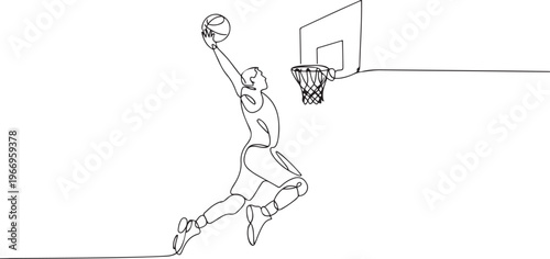 Basketball dunk continuous line. Continuous one line drawing of basketball player jumps high to score with slam dunk. Basketball man action concept. one line Icon drawing