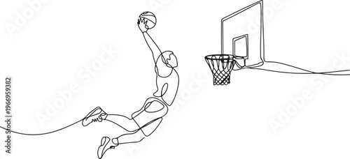 Basketball dunk continuous line. Continuous one line drawing of basketball player jumps high to score with slam dunk. Basketball man action concept. one line Icon drawing