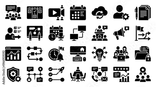 Collection of modern flat icons representing business strategy planning project management workflow and teamwork concepts