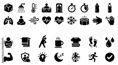 Collection of icons representing health wellness and fitness concepts including exercise temperature control and body care symbols