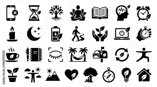 Collection of icons representing healthy lifestyle, wellness, nature, and self care concepts