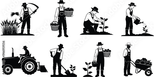 Farmer silhouette set showing planting harvesting watering and tractor work in agriculture vector illustration collection isolated on white background for rural farming concept
