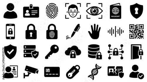 Collection of digital security and personal identification icons representing data protection identity verification and access control concepts