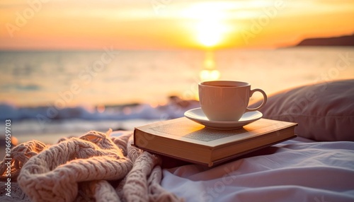 Relaxing cup of coffee on a book at the beach during a beautiful sunset.