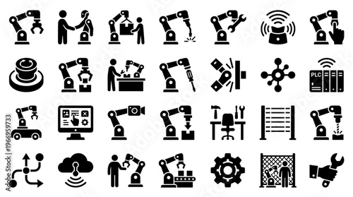 Industrial automation icons set featuring robotic arms manufacturing assembly lines smart factory technology and human collaboration concepts