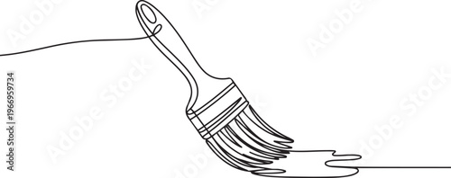 Continuous one line drawing of brush with paint. Construction and repair. Paint brush outline drawing illustration. one continuous line drawing of painter brush. one line Icon drawing