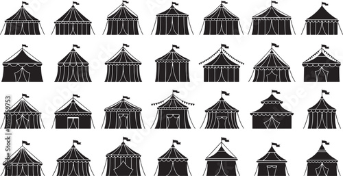 A captivating collection of classic circus tent illustrations, showcasing various marquee designs in stylized black and white vector art, ideal for festive event themes and fun entertainment