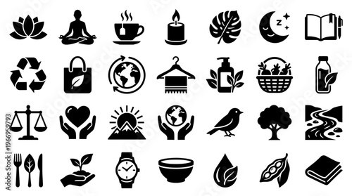Collection of icons representing wellness nature sustainability and healthy lifestyle choices for eco-friendly living and self-care