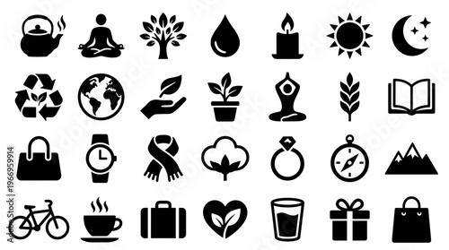 Collection of diverse icons representing lifestyle, nature, health, and everyday objects in a clean black and white design for modern use