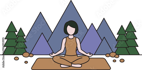mountain yoga vector, meditation in nature, woman In lotus position, mindfulness line art, yoga in the mountains, wellness flat illustration, outdoor meditation concept