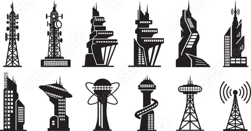 Diverse collection of modern and futuristic communication towers and abstract architectural structures, depicting urban technological advancement and global connectivity