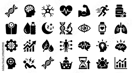 Collection of health and wellness icons representing medical science fitness and healthy lifestyle concepts