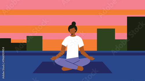 Black Woman Practicing Yoga in Lotus Position on Rooftop at Sunset, Flat Vector Illustration of Mindfulness, Meditation, and Wellness Concept with Urban City Skyline Background