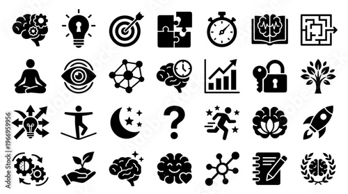 Collection of icons representing ideas innovation creativity problem solving and success in business and personal growth