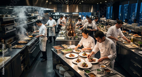 Cinematic wide shot of a bustling 5-star restaurant kitchen during peak dinner service. Multiple chefs in immaculate white uniforms move with precise coordination around gleaming stainless steel stati