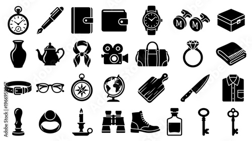 Collection of classic gentleman accessories and personal items icons representing style sophistication and travel essentials