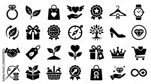 Collection of black icons representing business, retail, lifestyle, and nature elements for graphic design and web use