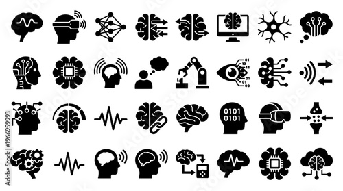 Collection of Artificial Intelligence and Machine Learning Icons Representing Brains Technology Robotics Data and Futuristic Concepts