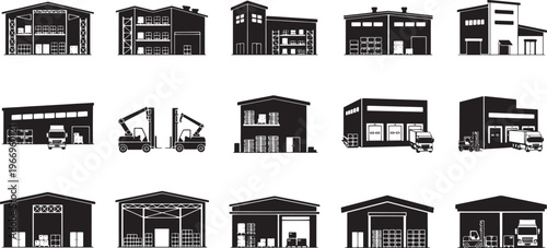 Monochromatic vector illustration collection showcasing a diverse range of architectural structures, including residential homes, commercial properties, industrial warehouses, and urban facilities
