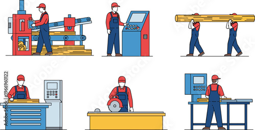 Industrial workers operating woodworking machines carrying timber and cutting wood in factory production line vector illustration set for manufacturing carpentry and construction industry concept