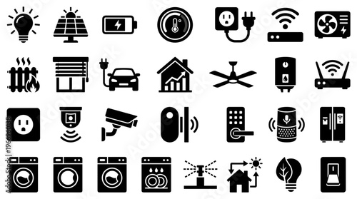 Smart Home Technology Icons Set Featuring Energy Efficiency Security Automation and Appliances for Modern Living Concepts