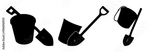 Bucket and spade set with black silhouette on white background featuring outdoor, gardening, tools with illustration and vector design