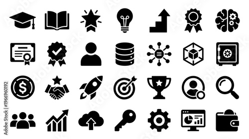 Collection of business and finance icons representing success growth innovation and strategy in modern digital commerce