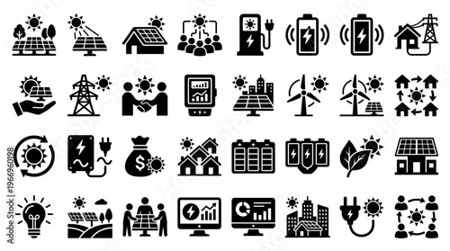 Solar energy icons and symbols representing renewable power generation sustainable electricity and green technology solutions for homes and businesses