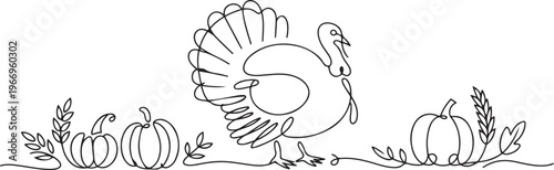 Thanksgiving turkey one continuous line drawing .Fall harvest line art. Happy Thanksgiving turkey. one line Icon drawing