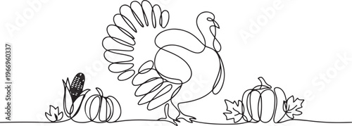 Thanksgiving turkey one continuous line drawing .Fall harvest line art. Happy Thanksgiving turkey. one line Icon drawing