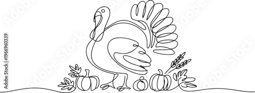 Thanksgiving turkey one continuous line drawing .Fall harvest line art. Happy Thanksgiving turkey. one line Icon drawing
