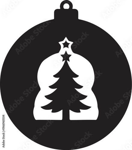 Christmas Tree Ornament Icon Black and White Silhouette Design