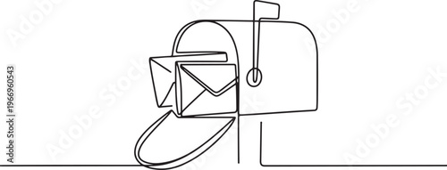 Mailbox with envelopes in continuous one line drawing. Minimal hand-drawn vector illustration. Simple linear. one line Icon drawing