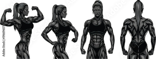 Dynamic black and white vector illustrations showcasing a powerful female bodybuilder in various poses, emphasizing strength, musculature, and athletic form