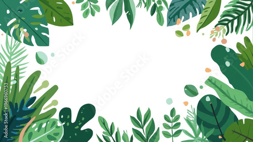 Vibrant green tropical leaves frame with white background for text or design