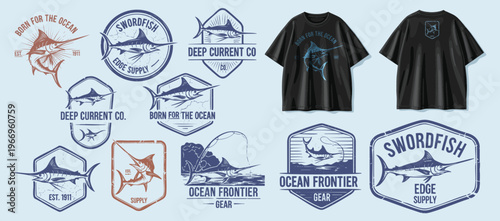 Vintage swordfish fishing logos, nautical badges, retro ocean emblems, apparel design