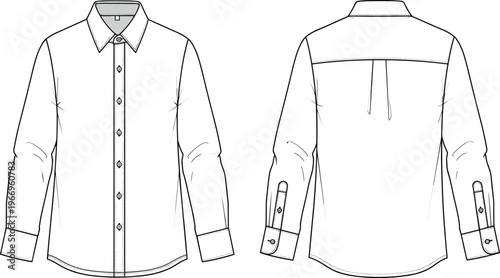 Long Sleeve Men Button Down Dress Shirt Technical Flat Sketch Vector Illustration with Front and Back View for Fashion Design