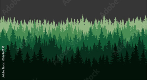 Evergreen forest silhouette, dark moody background, subtle texture, seamless repeating pattern for design