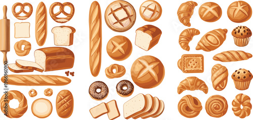 Hand drawn bakery vector set with assorted bread loaves croissants buns pretzels and pastries in monochrome style for menu branding packaging and food illustration