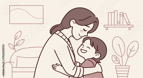 A mother lovingly embraces her child, sharing a tender moment of affection and connection in a warm, cozy home environment