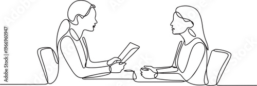 Job interview. Vector simple composition of one continuous line depicting a recruiter and a candidate. Continuous line drawing depicting two women talking at a table. one line Icon drawing