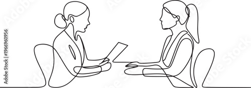 Job interview. Vector simple composition of one continuous line depicting a recruiter and a candidate. Continuous line drawing depicting two women talking at a table. one line Icon drawing