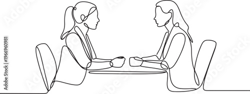Job interview. Vector simple composition of one continuous line depicting a recruiter and a candidate. Continuous line drawing depicting two women talking at a table. one line Icon drawing