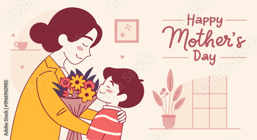 Happy Mother's Day Illustration A Mother Receives a Flower Bouquet from Her Son in a Heartwarming Scene