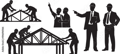 Silhouettes of various construction workers actively engaged in building a roof truss and site managers supervising the work, depicting teamwork and project management in the building industry