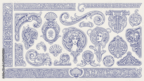 Collection of ornate decorative architectural elements and flourishes for classical design, borders, and embellishments