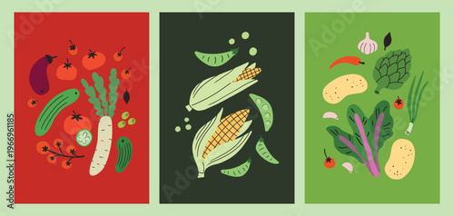 Seasonal vegetables, corn, green peas, daikon posters in simple doodle style. Local market, modern sketch, scribble flat illustration. Season of harvest, summer or autumn concept. Postcard, poster.