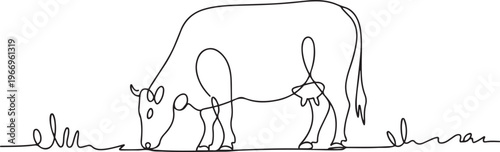 Cow on pasture in continuous line art drawing style. Grazing cow minimalist black linear. one line Icon drawing